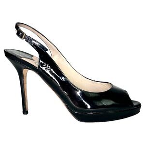 Jimmy Choo Nova black patent leather peep toe slingback stiletto heels